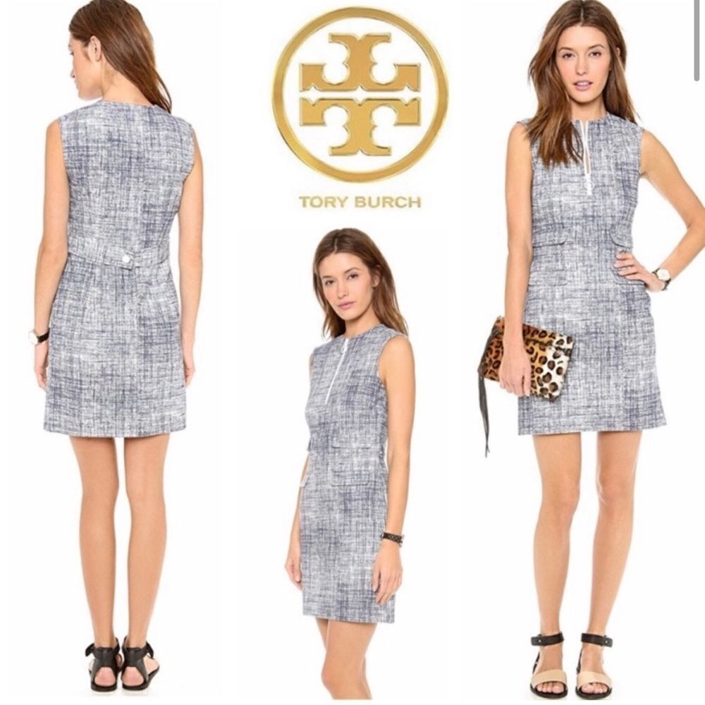 Tory Burch Kinsley Blue Tweed Print Sheath Dress Sz XS